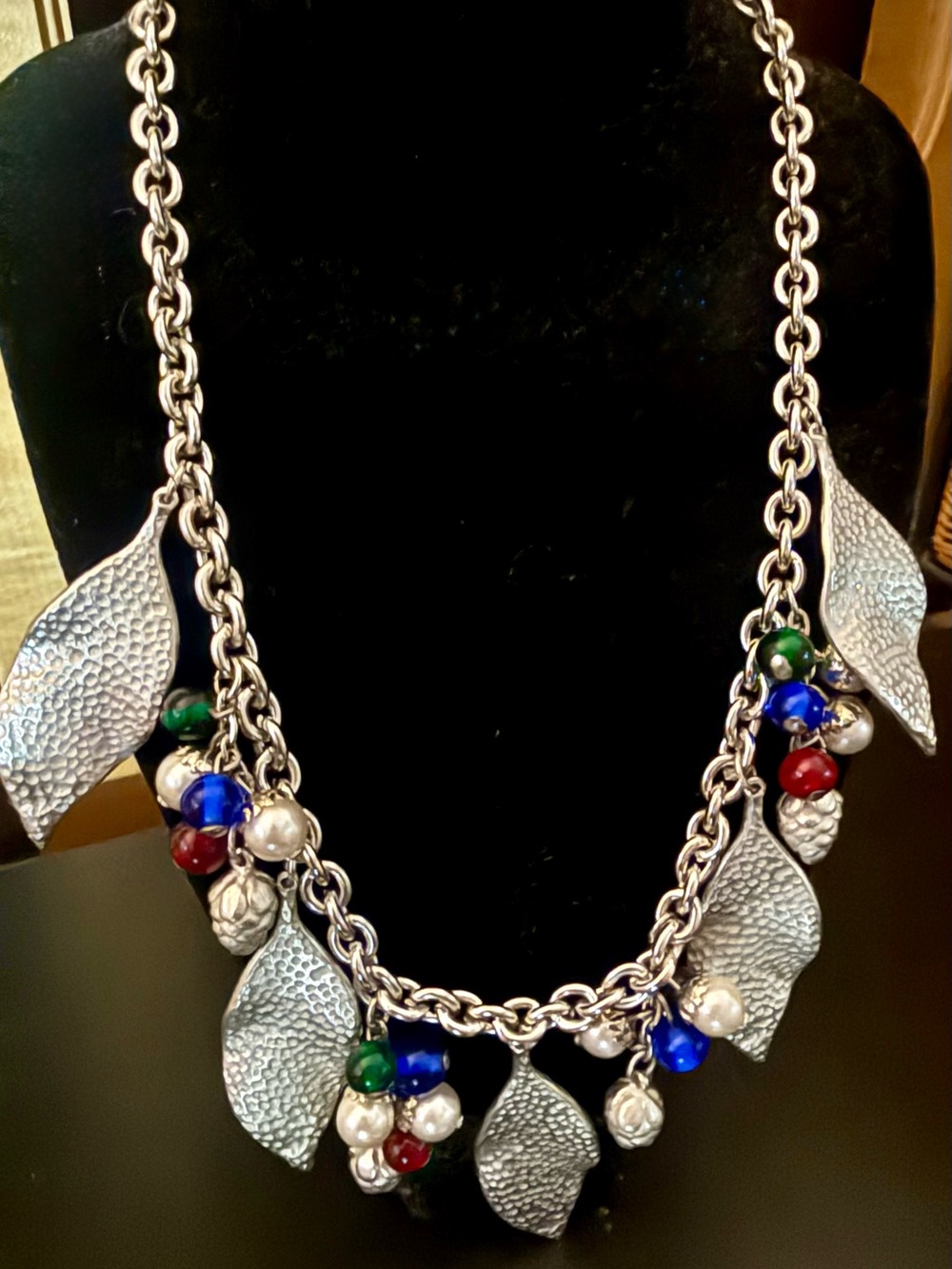 Vintage Mid-Century Silver Leaf Berry Cluster Charm Necklace & Earrings Set - Picture 8 of 9